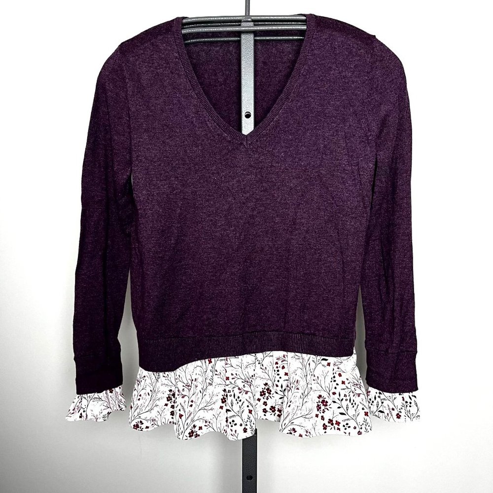 Loft Long Sleeve V-Neck Layered Look Purple Knit Pullover Lightweight Top M